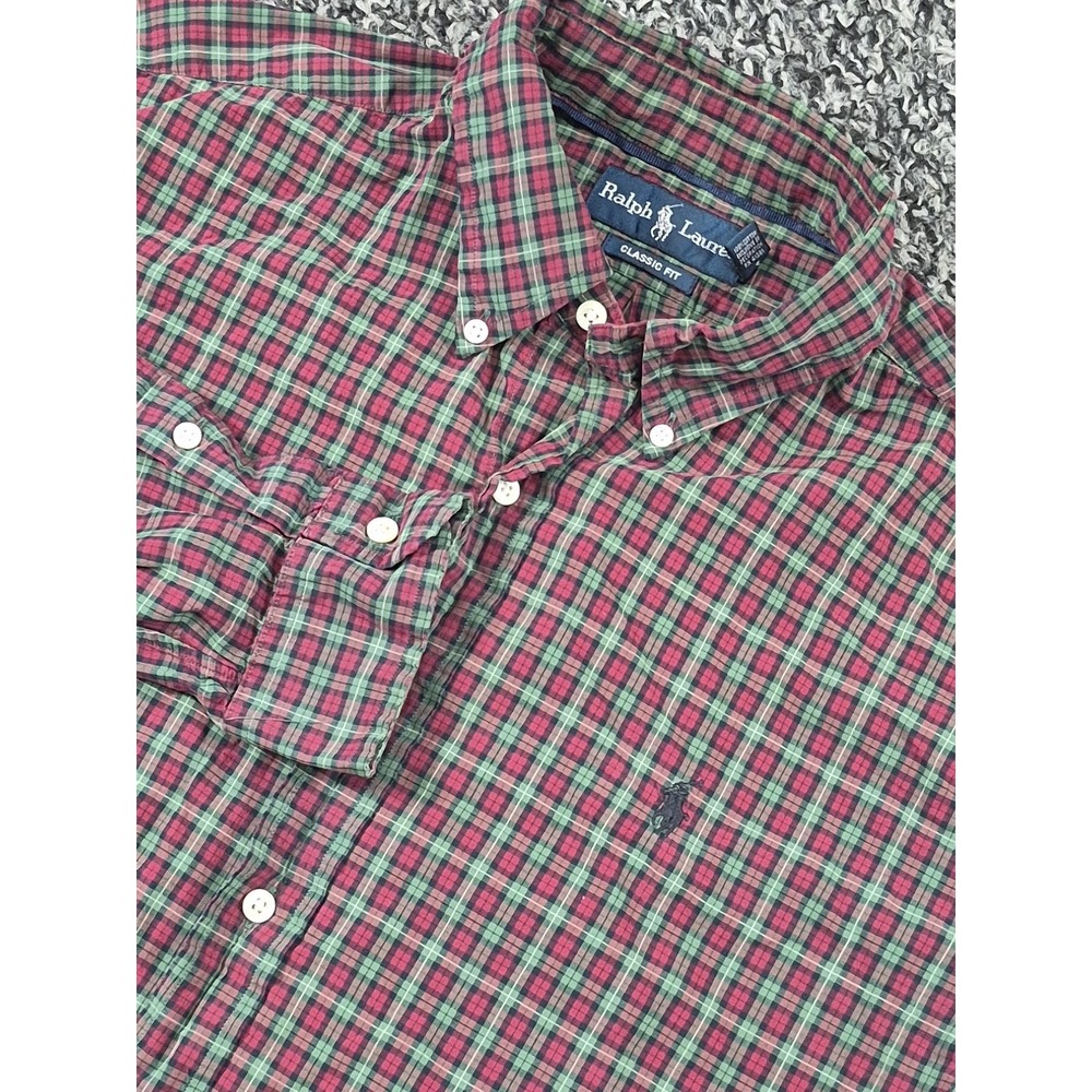 Polo Ralph Lauren Button Down Long Sleeve Size Large Red Green Plaid Classic Fit